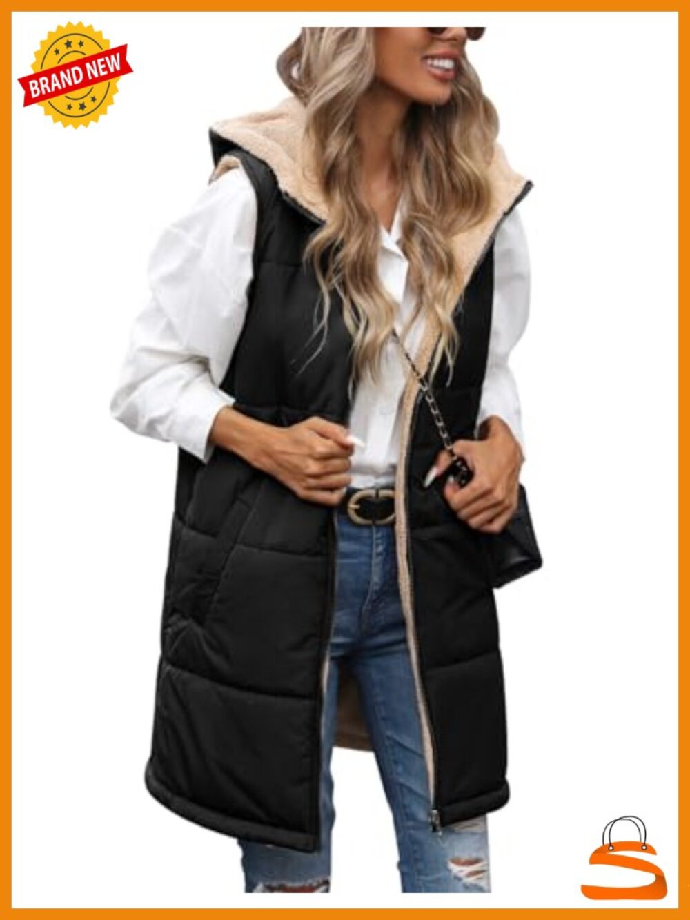 Reversible Long Puffer Fleece Vest Sleeveless Thick Winter Warm Zip Up Vest